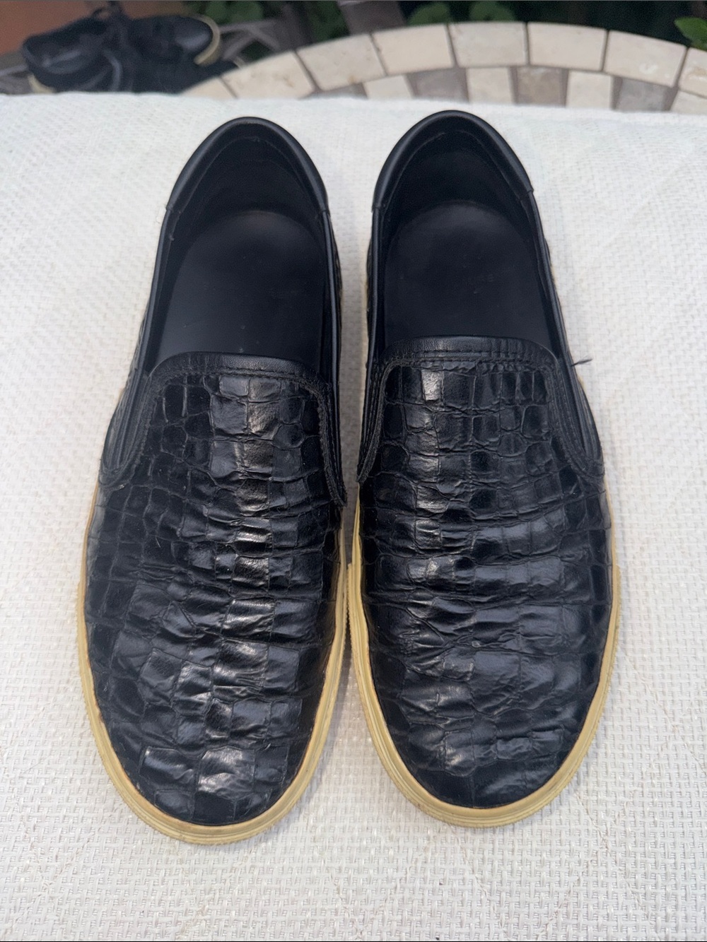 Saint Laurent Black Croc-Embossed Slip-On Sneakers with Tan Sole